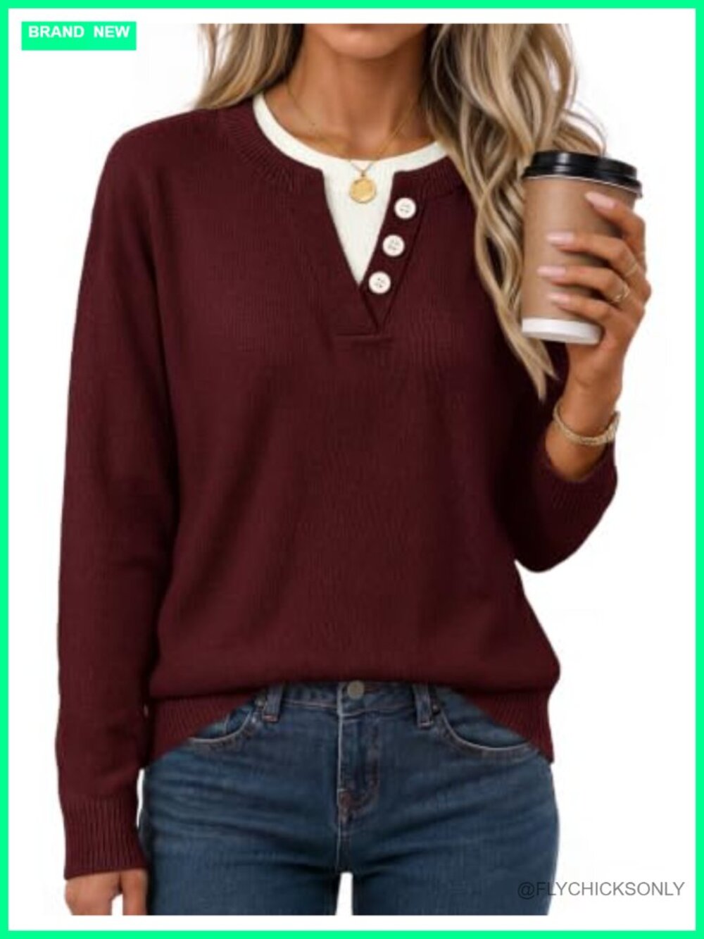 Oversized Henley Pullover Sweater Layered Neck Drop Shoulder Ribbed Knit